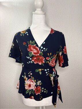 Navy Floral Wrap Blouse with Red Rose Print